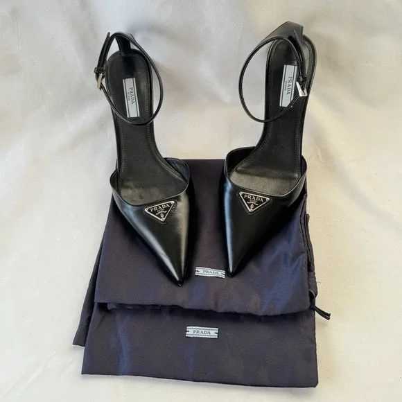 Prada Slingback Stiletto Ankle Strap Logo Accent Black Pointed Toe Leather 37.5 - Picture 14 of 14